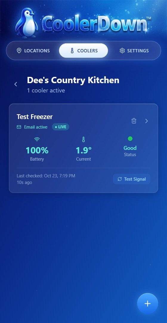 CoolerDown app showing a live cooler temperature reading, battery level and status