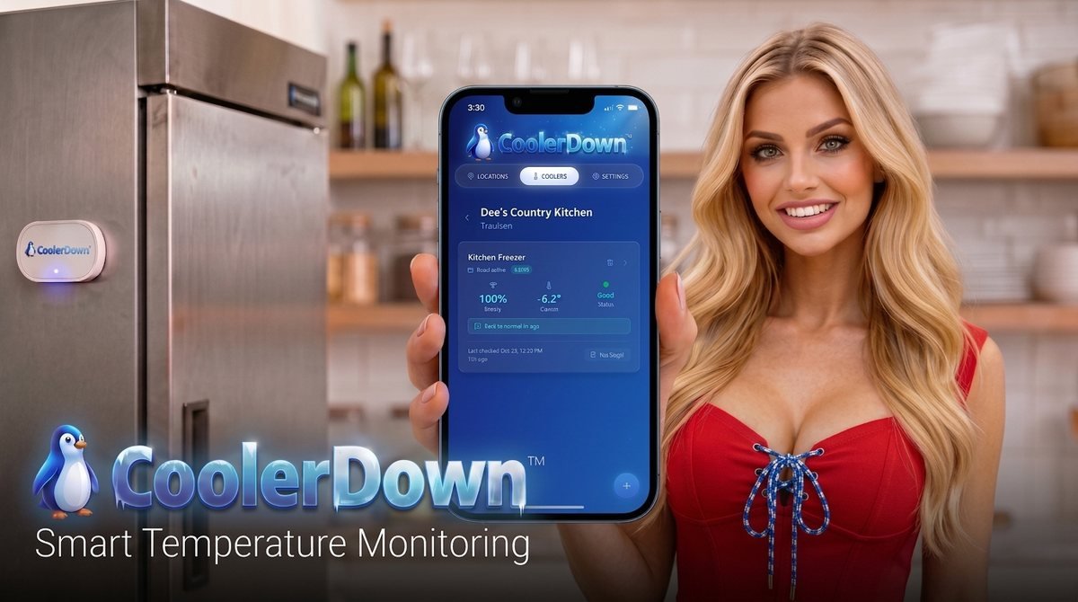 CoolerDown sensor mounted on a stainless steel cooler, with the CoolerDown app showing a live freezer reading